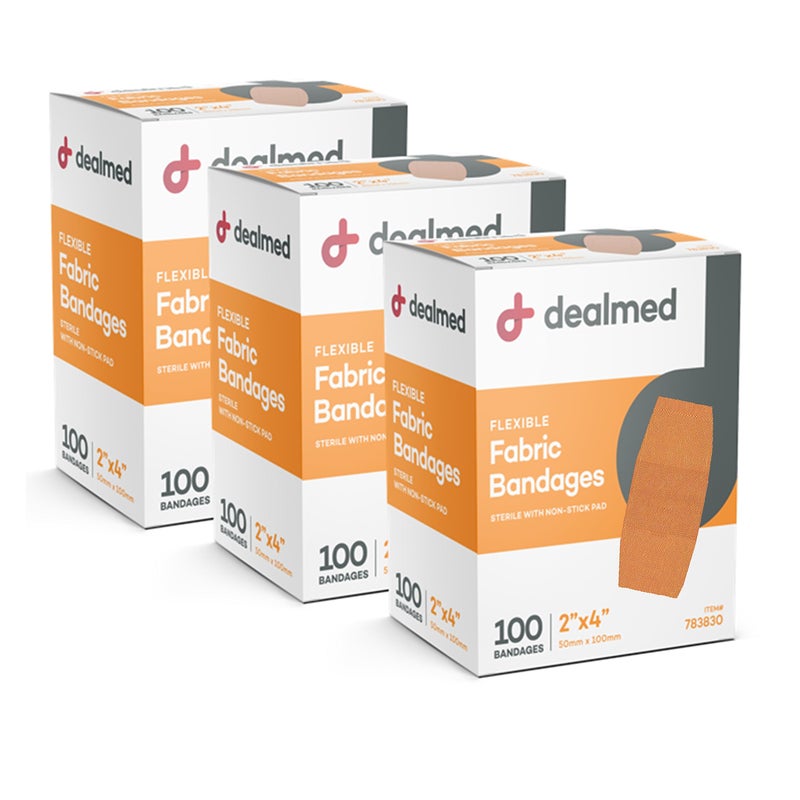 Dealmed Fabric Flexible Adhesive Bandages 100 Count 3 Pack Bandages with NonStick Pad Latex Free Wound Care for First Aid Kit 2 x 4